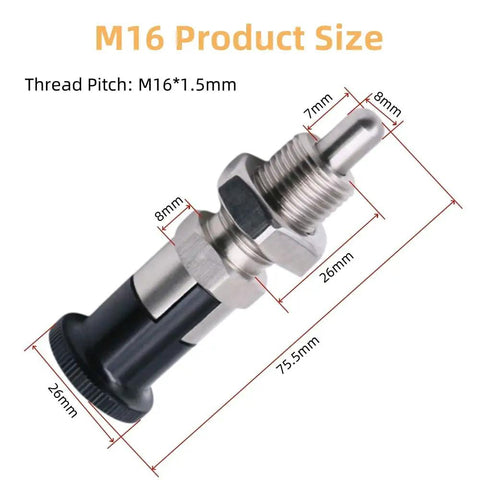Heavy Duty Stainless Steel Ball Nose Spring Plunger, Self Locking Retractable Indexing Pin With M16 Thread, Pro Grade Push Fit Knob Tool dimensions diagram.