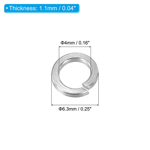 Premium Grade Built Tough 100 Pack 4mm 304 Stainless Steel Split Lock Washer showing dimensions and thickness.