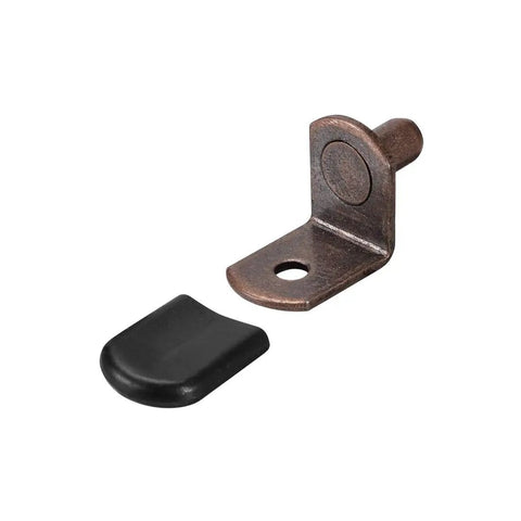 Heavy Duty 6mm Shelf Support Pegs With Slick Bronze Finish And Solid Steel Sleeve For Kitchen Cabinets Bookshelves Quick Setup No Sweat Installation 20 Pack showing a bronze support peg and black cap.
