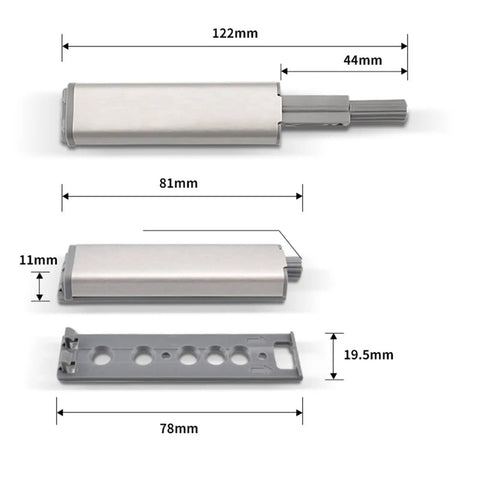 Easy Install Magnetic Push Open Cabinet Door Latch Set in Stainless Steel with dimensions shown, 10 pieces