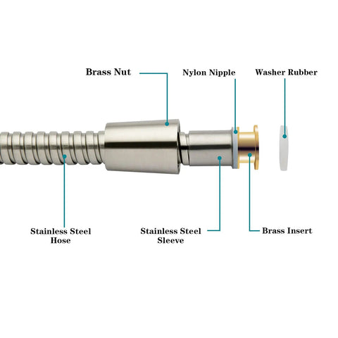 Extra Long 96 Inch Stainless Steel Hand Held Shower Hose With Brass Insert In Brushed Nickel showing connector details