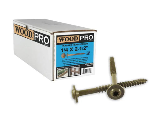 ST14X212B 1/4 Inch By 2-1/2 Inch Round Washer Head Exterior Wood Screws 250 Pack beside box