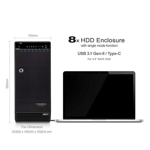 Top Shelf 8 Bay Hard Drive Enclosure Rock Solid Direct Attached Storage Box with USB Type-C, dimensions 253mm x 155mm x 352mm.