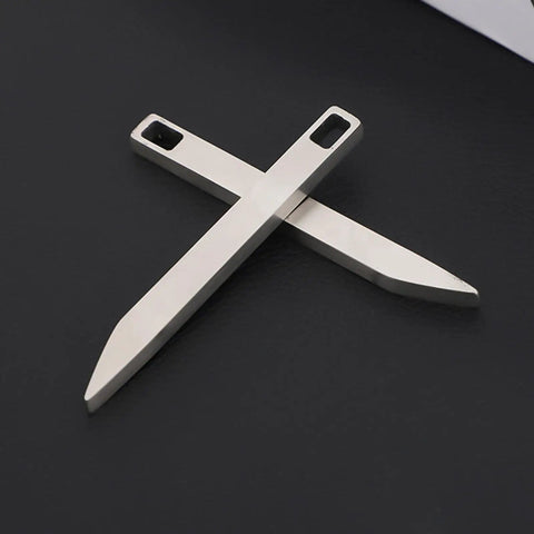 Everyday Carry Keychain Pry Bar And Bottle Opener Tool In Stainless Steel, featuring two compact multitools crossed on a black surface.