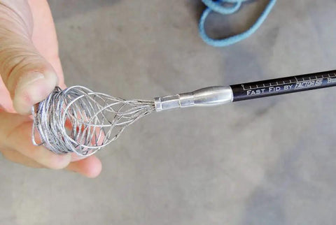 Fast Fid Rope Splicing Tool for Quick Synthetic Winch Line Repairs with wire grip in use