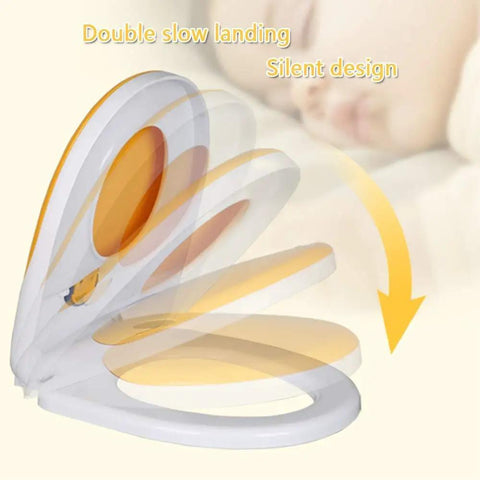 Two In One Toilet Seat With Cover Featuring Soft Close Slow Falling Lid And Quick Release Panel For Effortless Cleaning Plus Toddler Training Insert No Sweat Installation Smooth Bathroom Game Changer Fixtures showing slow closing lid in motion.