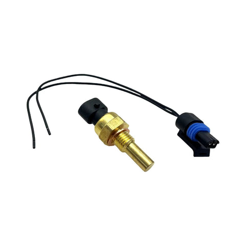 Front view of YCUPONE engine coolant temperature sensor with brass body, blue o-ring, and two-wire pigtail.