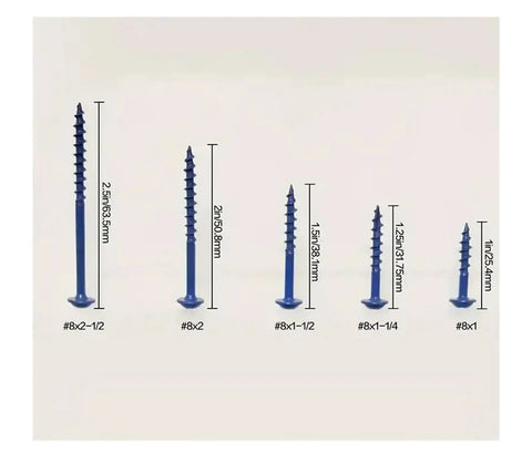 Variety of Blue Pocket Hole Screws Set 150 Pieces for Woodworking Carbon Steel, showing different sizes and lengths.