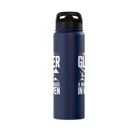 Side view of Funny Sailplane Pilot Water Bottle Insulated Stainless Steel For Glider Fans And Aero Tow Crew Hydration bottle.