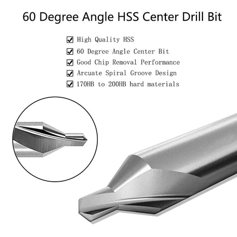 Close-up of high-speed steel center drill bit with 60 degree angle and spiral groove, part of 8 Piece Center Drill Bit Set For Lathe Work.