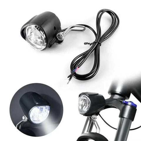 Bright E-Bike Front LED Headlight With 5W Power For Super Visibility And Safety On All Bikes Featuring Waterproof Design That Works Smoothly Across Wide Voltage Range From 6V Up To 60V Without Flickering Or Damage., black plastic bicycle front LED headlight with wire cable and metal bracket mounted on handlebar