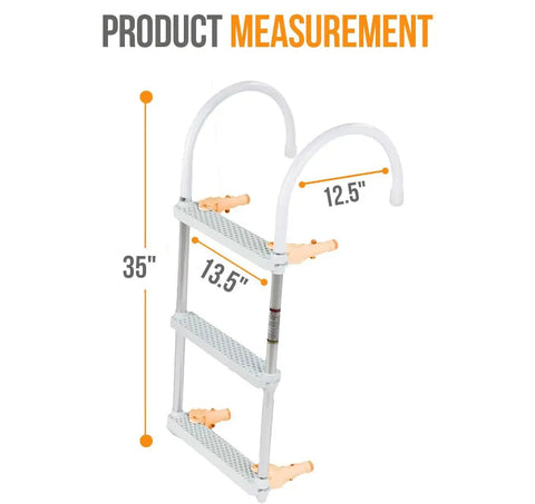 Folding 3 Step Aluminum Boat Ladder With Wide Non Slip Steps For Fishing Pontoon Boats Yacht And Dock Heavy Duty Marine Grade Aluminum Cushioned Gunwale Hooks Adjustable Legs Safe Secure Boarding, 35" x 13.5" x 12.5"