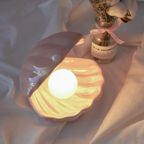 Japanese Style Ceramic Shell Pearl Night Light With Color Changing LED Pearl Glow Mermaid Shell Night Lamp For Bedside