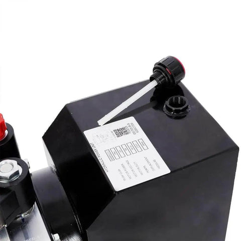Heavy Duty 12V DC Hydraulic Power Unit With Double Acting Motor And 3 Quart Steel Reservoir top view showing reservoir cap and label.