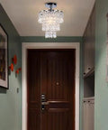 Small Three Tier Crystal Chandelier LED Pendant Light With Dope Raindrop Crystals Chrome Finish For Bedroom Hallway Living Room Compact Ceiling Fixture E26 Base installed in hallway