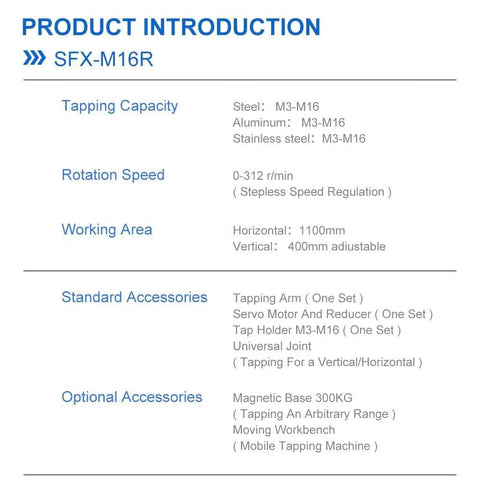 Heavy Duty M3 To M16 Universal Electric Tapping Machine With 1200mm Flexible Arm specifications for tapping capacity, speed, and working area.
