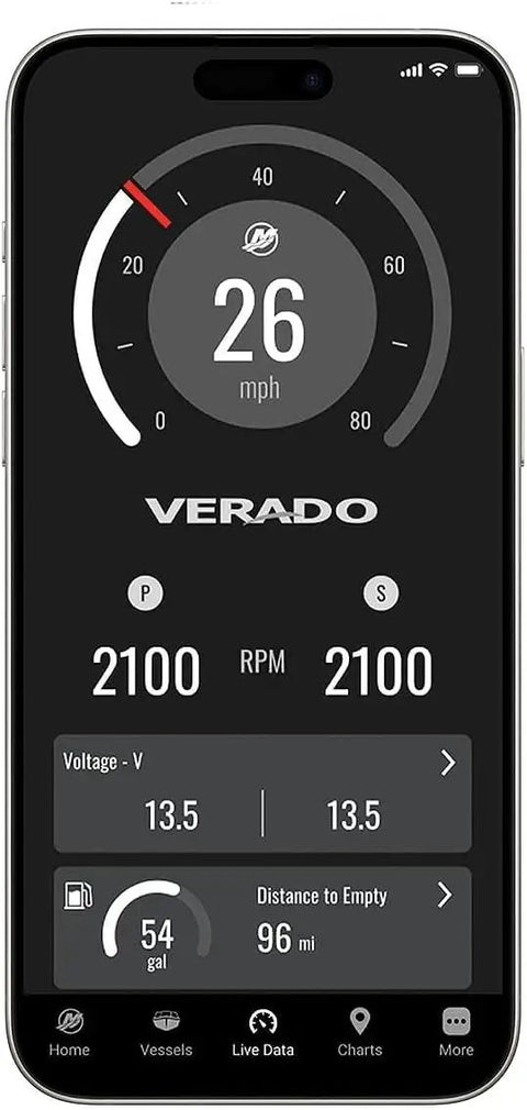 SmartCraft Connect Mobile Boat Engine System For Single Outboard With Under Cowl Mount Marine App displaying live engine data.
