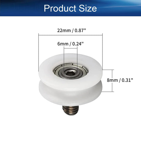 Heavy Duty M6 V Groove Bearing Pulley Wheel With Nylon Roller And Steel Shaft For Threaded Rod Track Guide Linear Motion Glide Slick Silent Tracking 6X22X8Mm size dimensions 6mm inner hole, 22mm outer diameter, 8mm thickness.