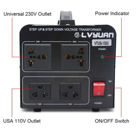1500W Voltage Transformer Converter with 2 US outlets, 2 universal sockets, and power switch for step up/down conversion