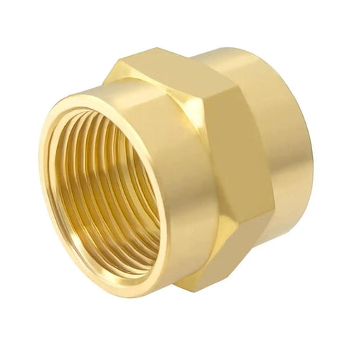 Brass Three Quarter Inch NPT Female Hex Coupler Nipples For Quick Pipe Connections showing threaded interior, 3/4 inch fitting