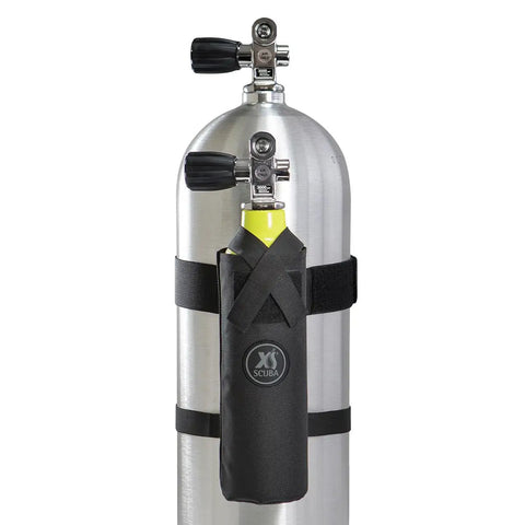 19 Cu Ft Diving Pony Bottle Bag With Self Draining Mesh Bottom Dual Velcro Straps Bottom Strap For Stability Attaches To Your BC Tank Fits Worthington Catalina Luxfer Cylinders No Fuss Secure Storage shown on metal diving cylinder