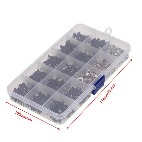 All In One RC Screw Kit With Stainless Fasteners For One Eighth One Tenth One Twelfth And One Sixteenth Scale Cars 500 Pieces in clear box