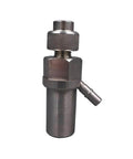 Side view of waterjet mixing chamber and abrasive body, metallic silver with knurled cap and side nozzle