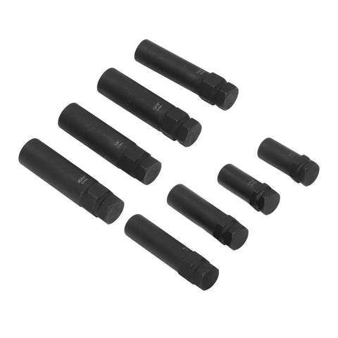Beefy Eight Piece Thin Wall Lug Nut Socket Set With Spline Key CrMo Steel Wheel Lock Removal Tool Kit Sizes From Five Eighths Inch To Forty Five Sixty Fourths Inch For Damaged Or Locked Lug Nuts