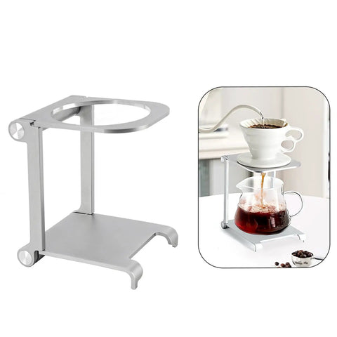 Straight Up Solid Folding Coffee Stand For Manual Espresso Machines Portable Aluminum Brewing Bracket with brew setup and coffee pot.
