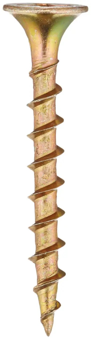 Close-up of Top-Shelf 6-Inch X 1-1/4-Inch Yellow Zinc Lag Bolts With Phillips Bugle Head Drive for wood projects.