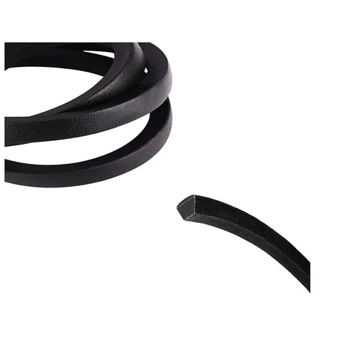 One Half Inch Wide By Fifty Eight Inch Drive Belt Replacement For Tillers And Mowers OEM Replacement 954 0434 754 0434 786533 786533X Fits Cub Cadet MTD Craftsman Troy Bilt Hustler close-up view shows black textured surface and beveled edge.