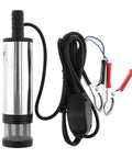 Heavy Duty 12V Submersible Electric Pump For Diesel Fuel Water Oil Transfer 38Mm Compact Aluminum Build showing pump with wires and alligator clips.