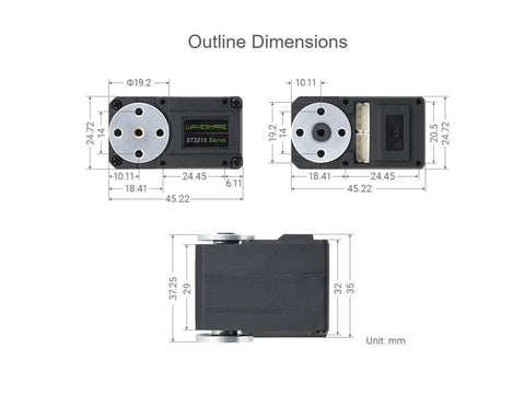 Beefy 30Kg Torque Servo Motor With Metal Gear ST3215 dimensions and diagram, featuring 360 degree encoder and serial bus for robotics