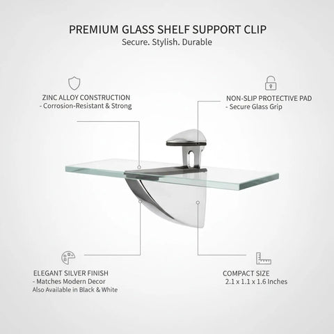 Go-To Glass Shelf Support Clip in Silver Zinc Alloy Mounting Bracket for Bathroom Vanities and Display Cabinets, non-slip pad visible