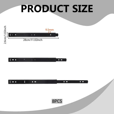 Product size diagram showing Four Piece Shop Grade Heavy Duty Steel Soft Close Drawer Slides 11 Inch full extension rails.