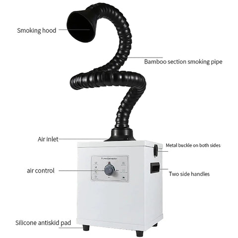 Moveable Welding Fume Extractor With Dual Ports Desktop Smoke Remover And 3 Stage Purifier For Soldering And DIY Phone Repair Dust Filter Pro Grade Ninety Nine Point Seven Percent Filtration Of 0.3 Micron Particles Up To Two Hundred Watts showing adjustable pipe and control panel.