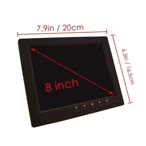 8 Inch CCTV Monitor With HD IPS Display 1024x768 Security Screen showing dimensions for surveillance use