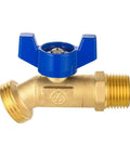 Pro Level Outdoor Spigot With One Half Inch Male Npt Inlet Plus Three Quarter Inch Male Ght Hose Bibb Fitting showcasing brass body and blue handle.
