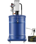 Heavy Duty 10 Gallon Pneumatic Grease Pump Delivers Shop Grade Pneumatic Power With Smooth 80 To 1 Ratio And Boss Level 69 Mpa Output For No Sweat Garage Lubrication Plus Wheeled Rolling Cart Base with blue drum and hoses.