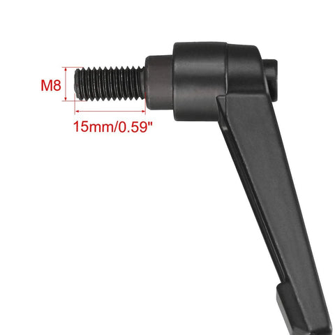 Side view of M8 15mm Adjustable Clamping Lever With Push Button Ratchet, showing threaded stud and matte black lever handle.