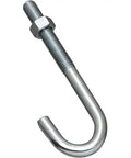 Heavy Duty J Bolt With Hex Nut Half Inch By Six Inches Long Zinc Coated Steel Corrosion Resistant fastener close-up view.