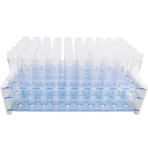 50 Pcs Clear Plastic Test Tubes With Rack And Caps, 16x100mm 10ml Capacity, 50 Hole Tube Rack displayed filled with tubes
