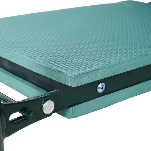 Close-up of Kneeler And Seat Bench For Gardening with Foldable Stool, 10 Inch Wide EVA Foam Pad, steel frame detail visible.