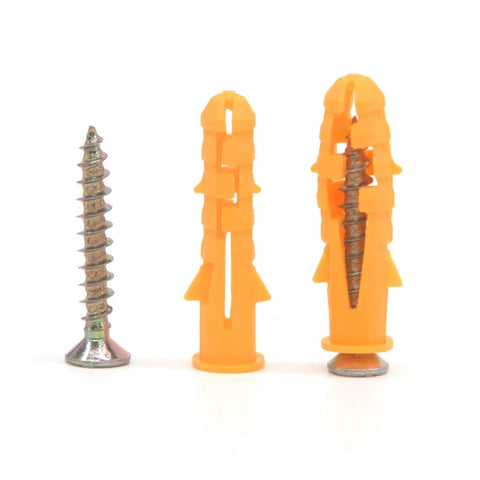 Heavy Duty Drywall Anchor And Screw Kit With 200 Pieces M6x30 Plastic Self Drilling Wall Anchors And Screws, shown with anchors and screws