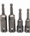 4 Piece Heavy Duty Wing Nut Socket Set With Quarter Inch Hex Shank Power Driver shown from front, gray steel adapters for quick bolt removal.