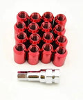 Locking Wheel Nuts Kit With 16 Pcs Secure Lug Screw Bolts For Cars And Race Rims Featuring Durable Steel Construction To Grip Tyres Tight And Keep Them Locked Down So You Can Cruisin Without Worry About Stolen Or Lost Hardware On The Road. red steel lug nuts with key on white background