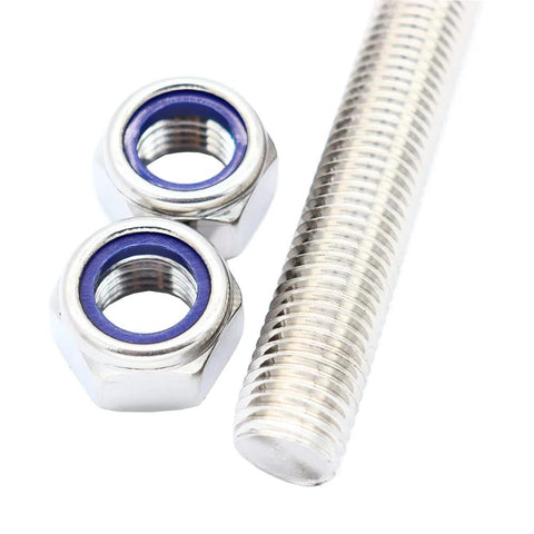 Close-up of M8x250mm stainless steel fully threaded rod with two nyloc nuts (blue insert), 2-pack.