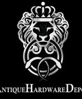 Silver lion head logo with crown, text "Antique Hardware Depot" beneath, on black background.
