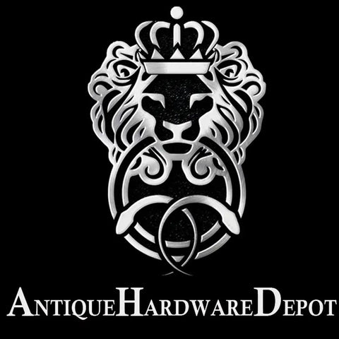 Silver lion head logo with crown, text "Antique Hardware Depot" beneath, on black background.