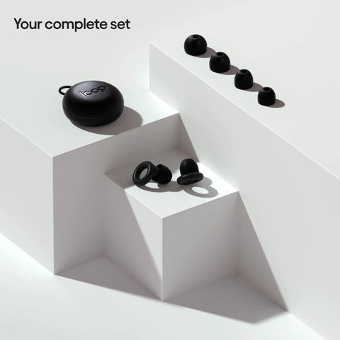 Concert Ear Plugs With High Fidelity Hearing Protection And 18dB Noise Reduction, 8 Ear Tip Sizes, Black set on white display